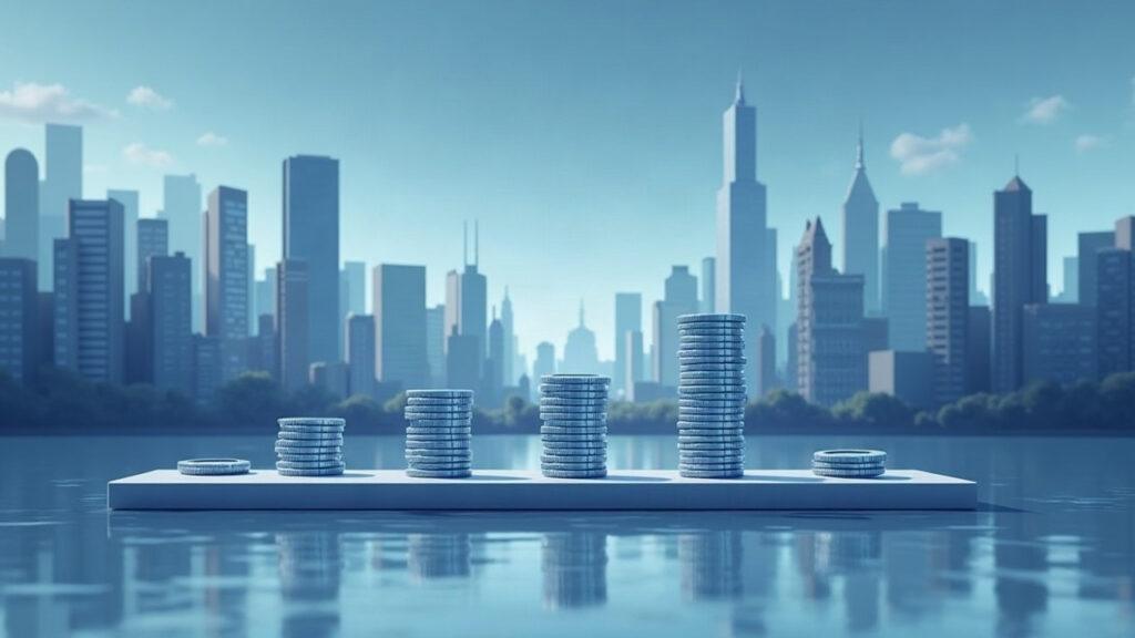 Semi-realistic illustration of institutional assets tokenizing on Arc; bonds becoming digital tokens on a blue-gray ledger.