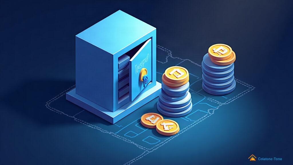 Semi-realistic digital vault scene with deSPXA and JAAA tokens pledged as collateral for a USDC loan on Base.