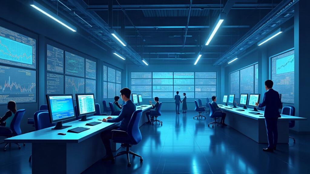 Semi-realistic in-house derivatives clearing hub with digital dashboards and 24/7 settlement.