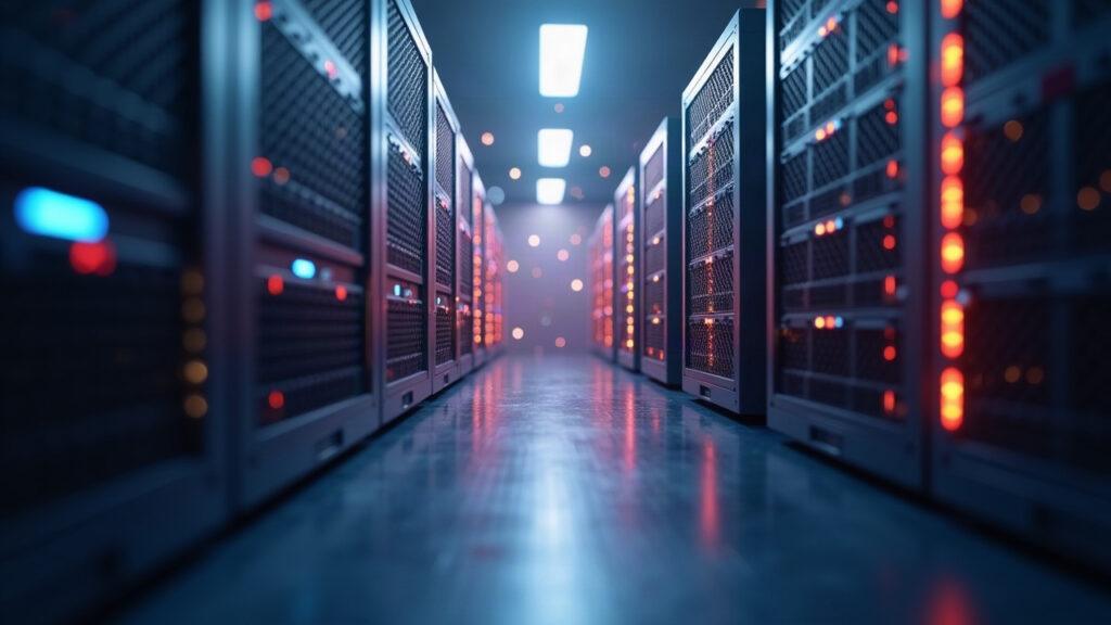 Semi-realistic GPU rack behind a soft barrier with data lines to developers, illustrating compute access bottlenecks.