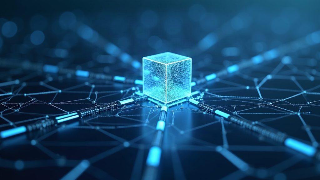 Semi-realistic scene of two parallel vote streams converging on a shared block within a calm blue-gray digital network.
