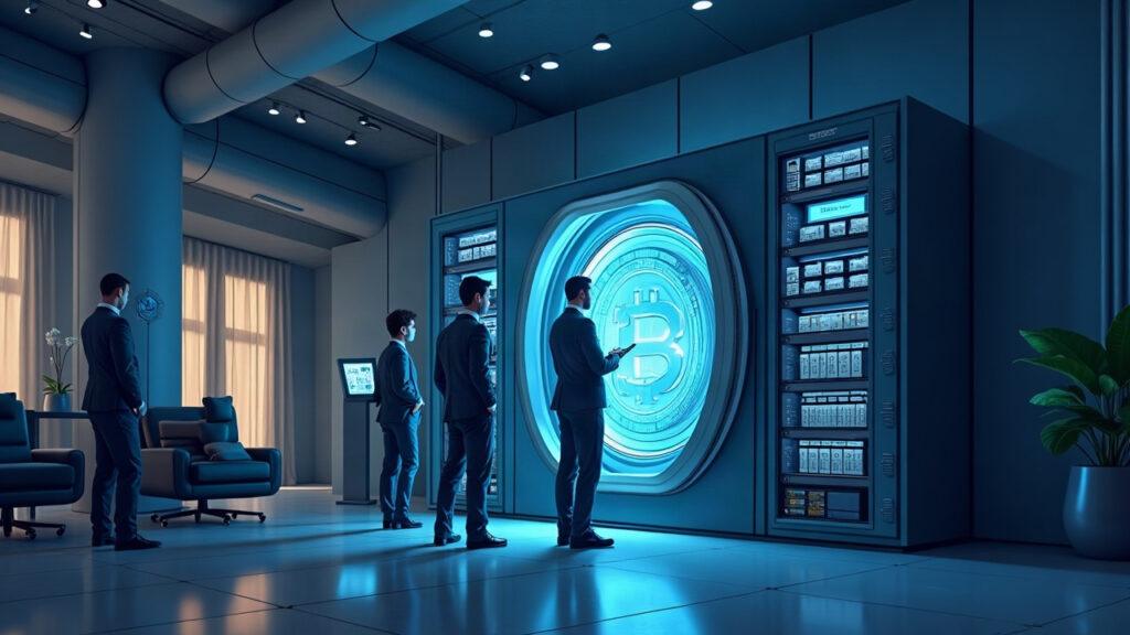 Deutsche Bank team guards a Bitcoin vault in a modern bank lobby, illustrating secure custody and digital-asset rails.
