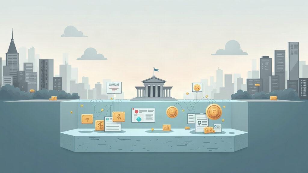 Illustration of an evidence layer between issuers and institutions, with tokenized assets and secure documents.