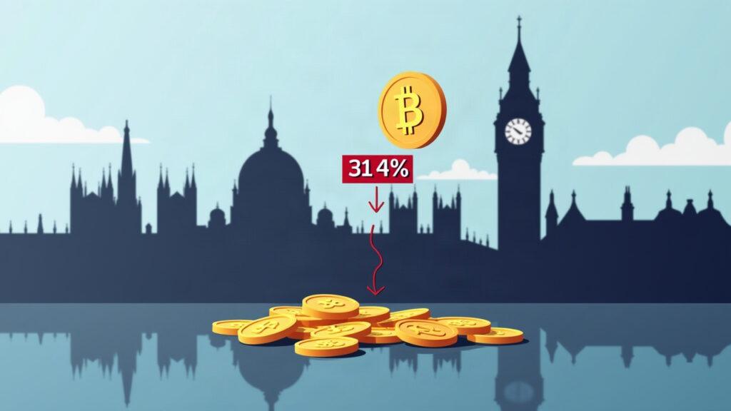 Semi-realistic illustration of the French Parliament silhouette with a 31.4% tax label over crypto-to-MiCA stablecoin swaps