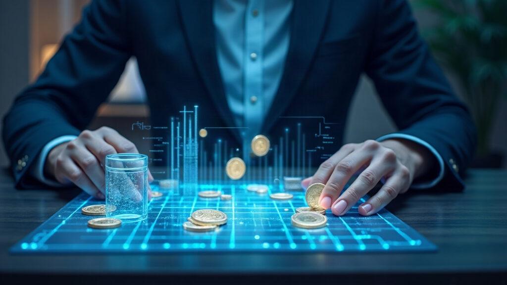 Semi-realistic finance desk with a holographic XRPL ledger showing tokenized U.S. Treasuries and BENJI tokens