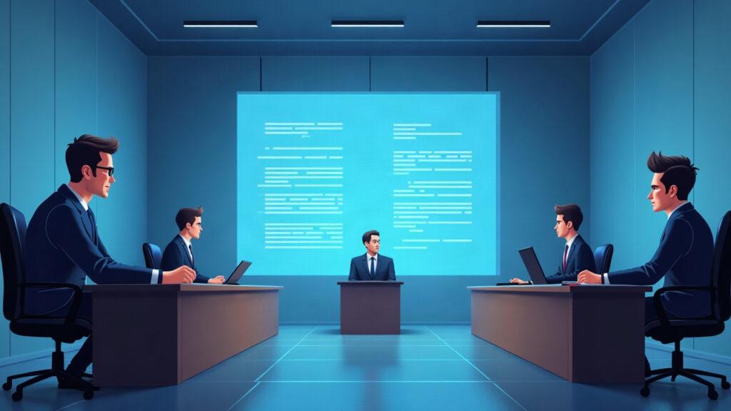 Semi-realistic digital court with a human judge, AI avatars, and a central screen showing intent and permissions.