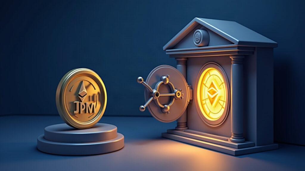 Bank vault with a digital JPM Coin token bridging to a glowing Ethereum mainnet in a clean, semi-realistic illustration.