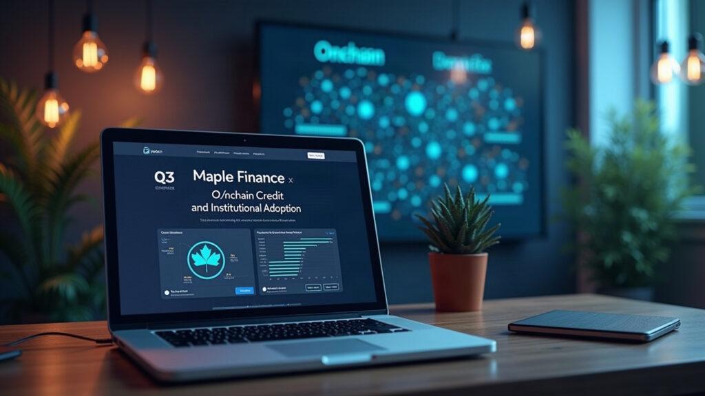 Desk scene with a laptop displaying Maple Q3 update, a live X discussion, and a soft blockchain backdrop.