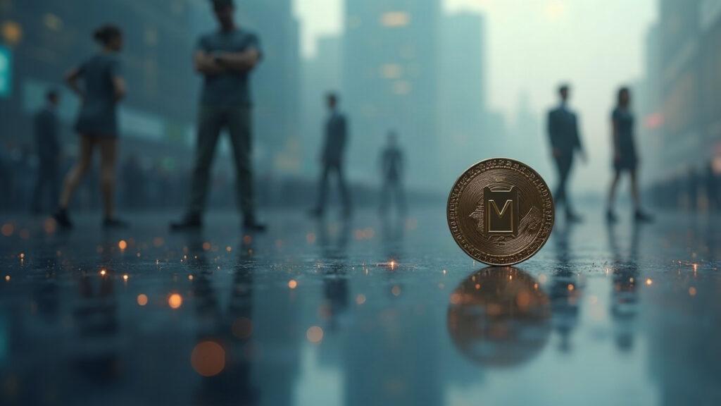 Semi-realistic MET coin standing upright on a calm market backdrop with muted tones and distant crypto silhouettes.
