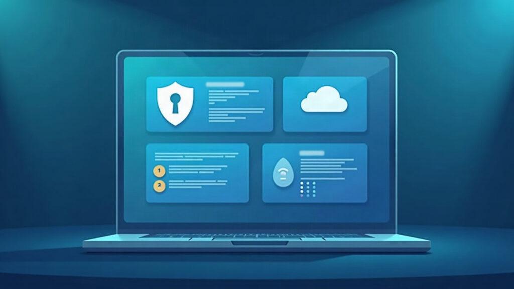 Semi-realistic Trust Center dashboard with live status, document list, and cloud icon.