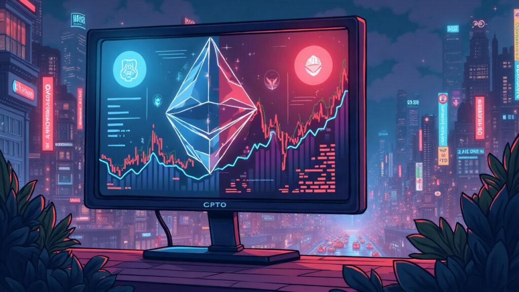Split-screen illustration: top shows Ethereum and CryptoPunks amid a bustling NFT market, bottom is crowded.
