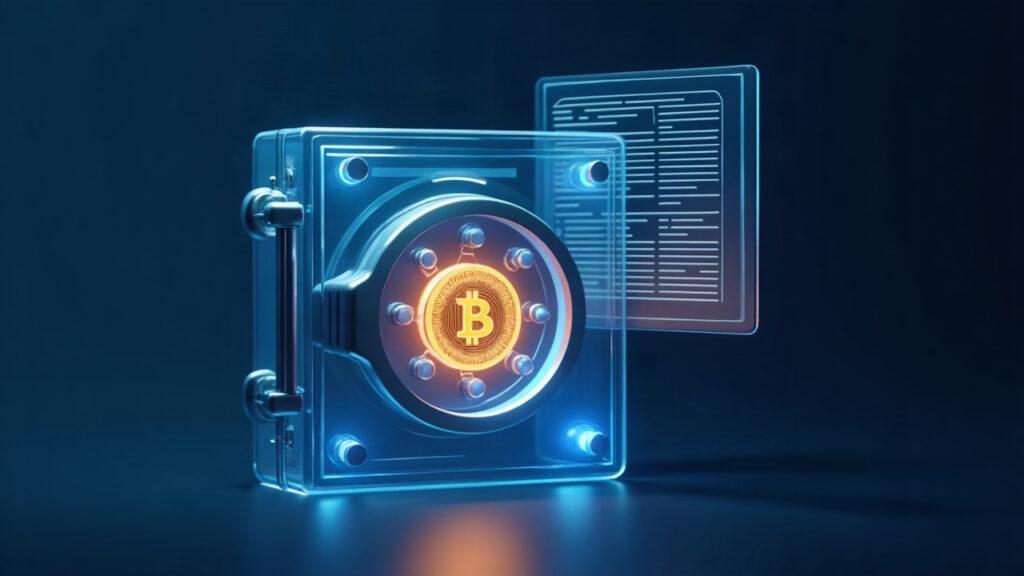 Semi-realistic illustration of a transparent digital vault with a glowing BTC coin and a secure ledger on a monitor.