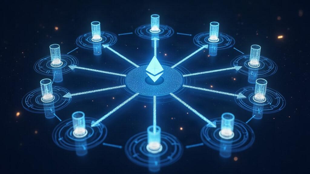 Semi-realistic newsroom illustration: central hub connected to ten networks, Ethereum leading and rising token bars across chains.
