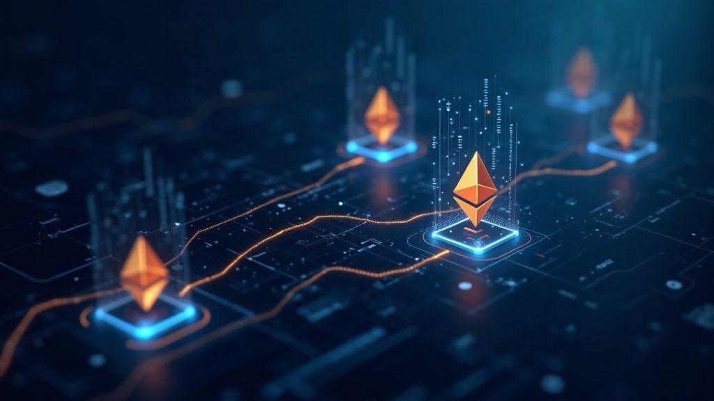 Semi-realistic Ethereum mainnet scene with fast data stream to validator nodes and a latency dashboard.