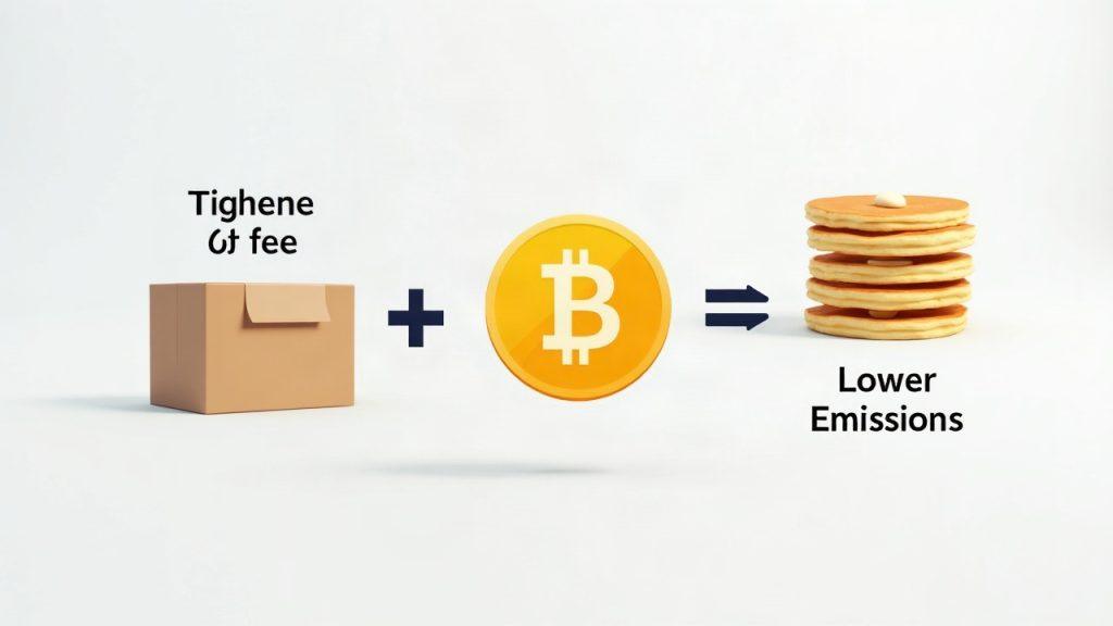 Semi-realistic illustration of PancakeSwap governance: CAKE token, ballot, and a split arrow showing higher LP fees and lower emissions.
