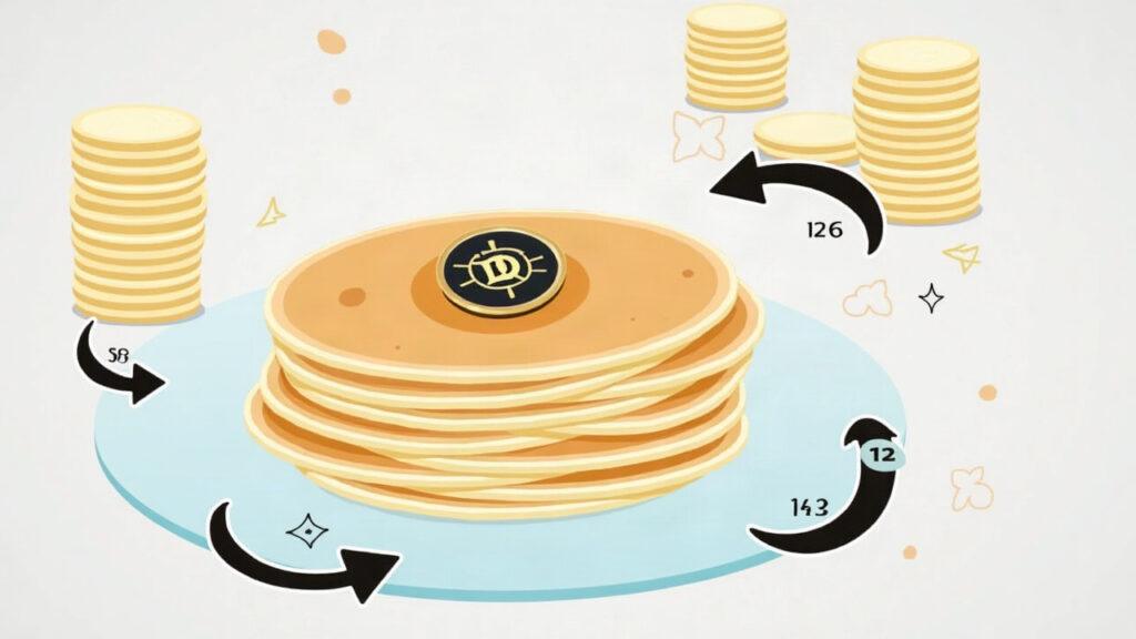 Semi-realistic DeFi liquidity pool with a pancake logo, coins, arrows showing 88% to LPs and 12% to the protocol, background governance doc.