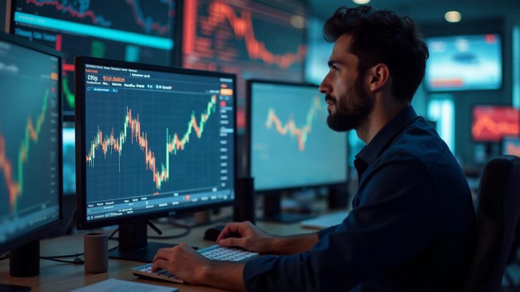 Semi-realistic newsroom scene showing crowded crypto perpetual liquidations as BTC falls below 81k, with a 970M ticker.