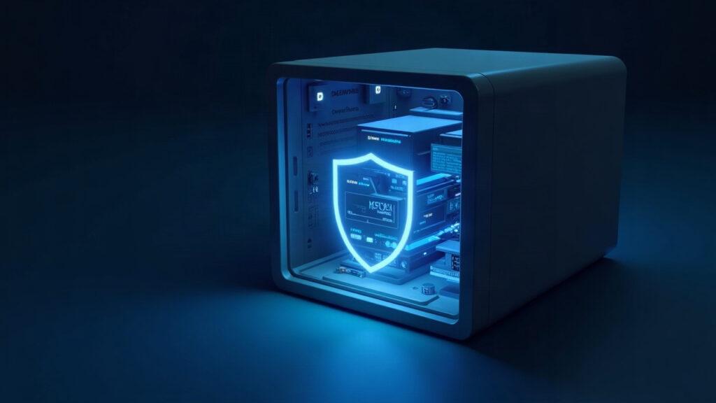 Realistic illustration of a private TEE enclave inside a sleek server with a blue glow for Kev-4B confidential AI on Phala.
