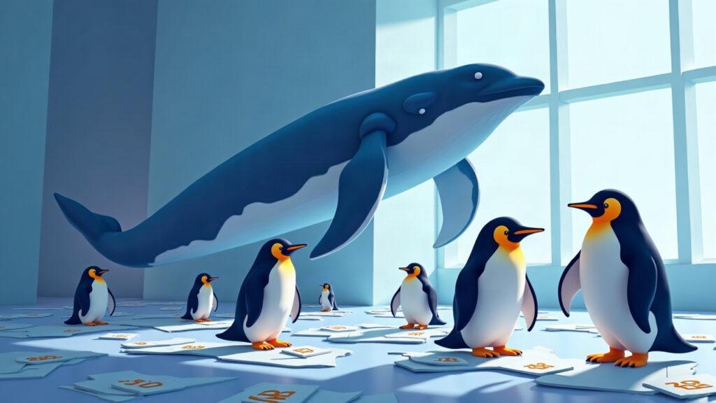 Semi-realistic Pudgy Penguins NFT illustration with floor rise after whale sweep; whale silhouette over penguin cards.