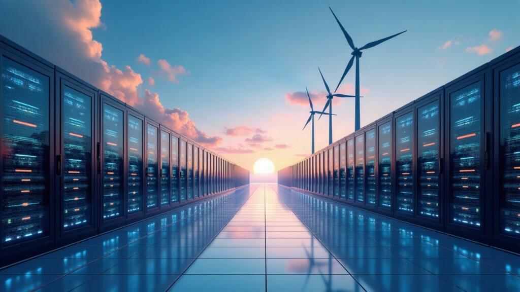 Semi-realistic illustration of a data center powered by solar and wind, with glowing enterprise AI compute racks.