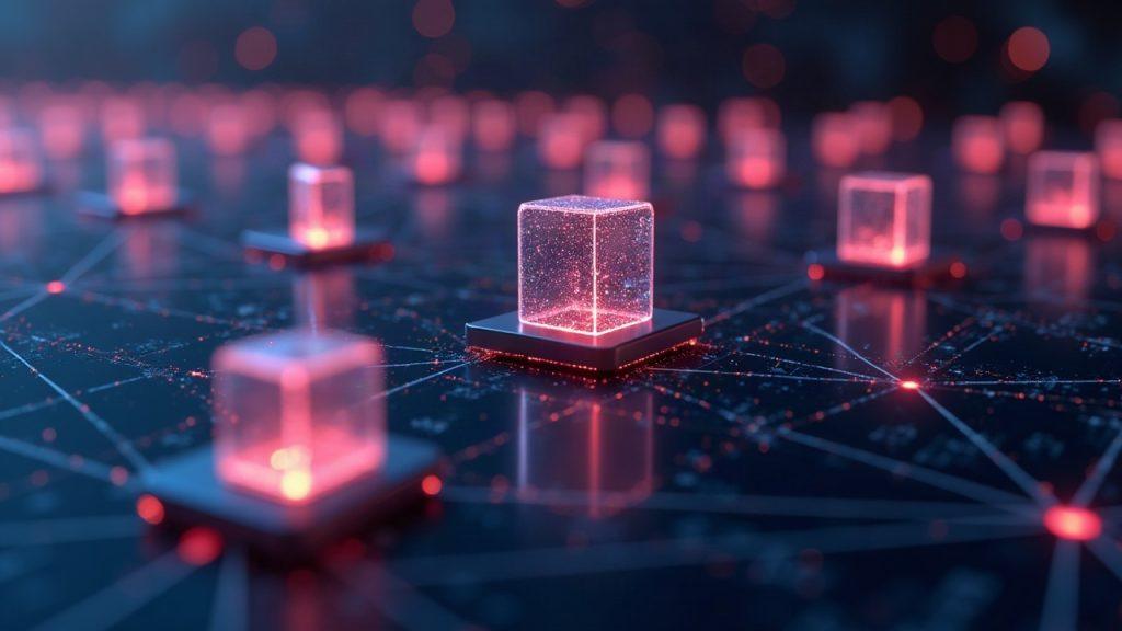 Realistic illustration of autonomous AI agents on an EVM Layer 1 network with glowing interconnected nodes.