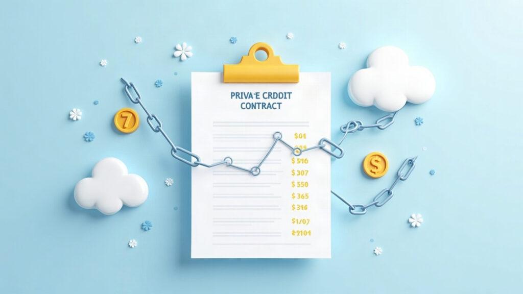 Semi-realistic illustration of a private credit contract on a blockchain ledger with a 7-to-1 countdown and 24/7 pricing.