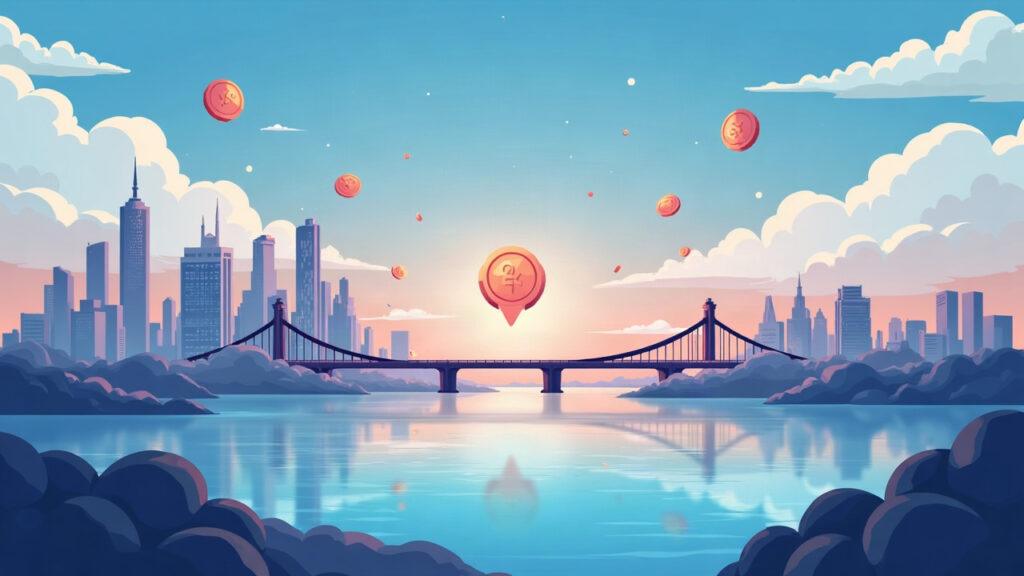 Semi-realistic illustration of a secure cross-chain link to a UAE institutional network with floating tokens over a calm skyline.