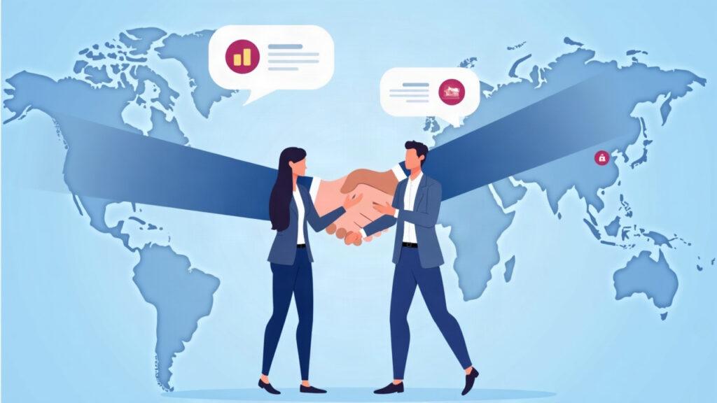 Two professionals shake hands over a tokenized assets interface with icons and a subtle map of South Korea in blue.