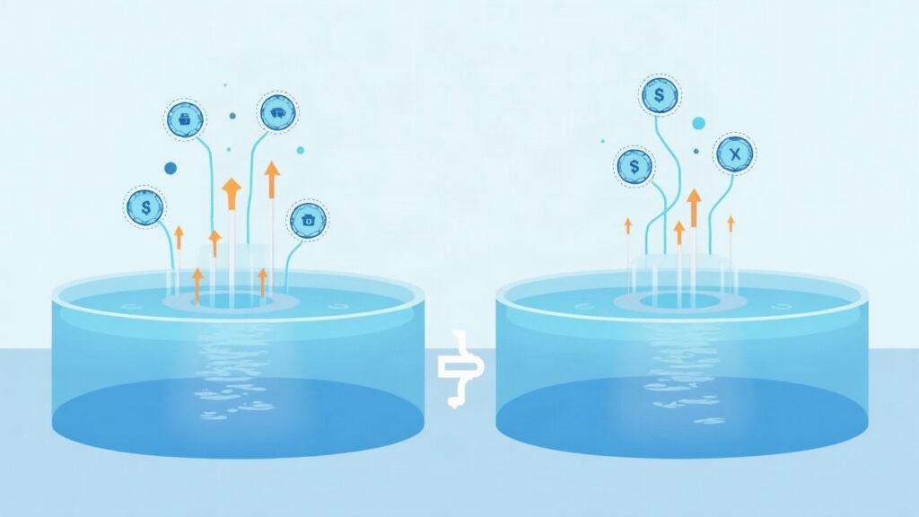 Semi-realistic illustration of Solana liquidity pools with tokenized stock icons flowing into two pools and rising arrows.