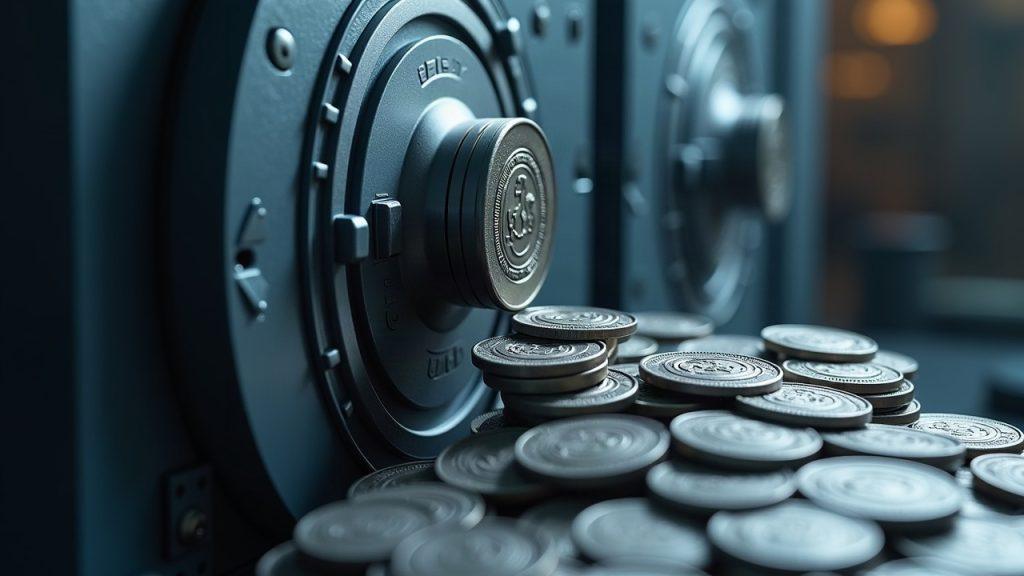 Semi-realistic treasury vault releasing 250 million USDC coins onto a Solana-inspired blockchain, blue-gray tones.