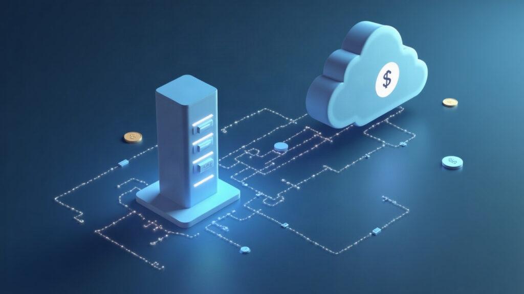 Semi-realistic cloud server linked by glowing lines to a sleek AI agent, with coins signifying per-call stablecoin payments.