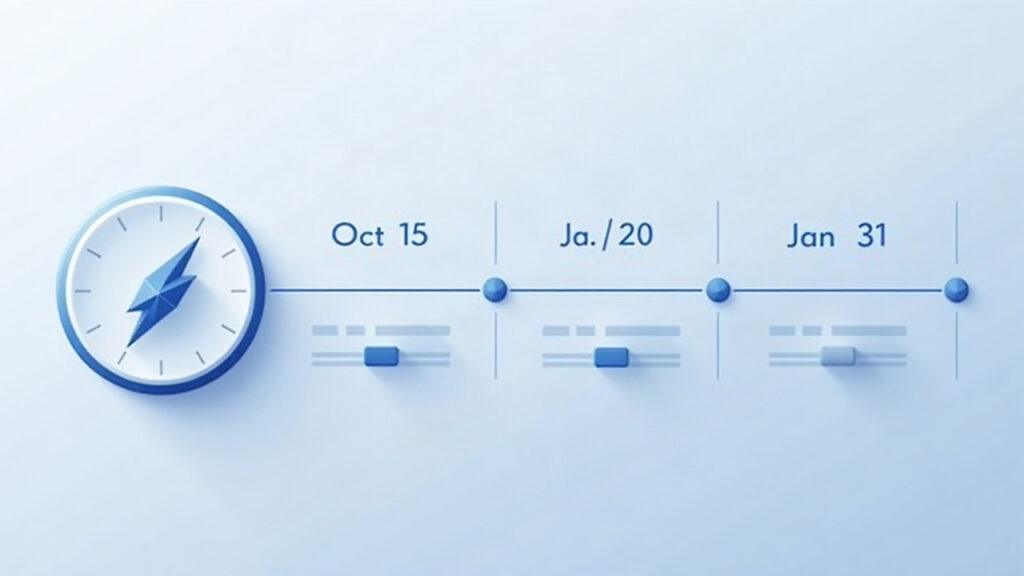 Semi-realistic crypto trading screen in wind-down mode with phased timeline (Oct 15, Oct 20, Jan 31) in blue-gray tones