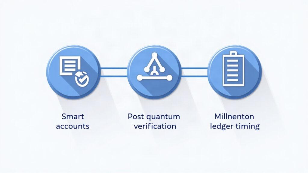 Three interconnected modules illustrate Bell Protocol 30: smart accounts, post-quantum verification, and fast ledger timing.