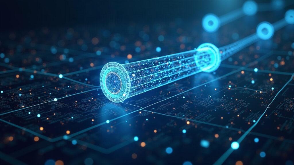 Semi-realistic portrayal of off-chain tunnels feeding a mainnet with AI-driven data streams linking nodes in a calm lab.