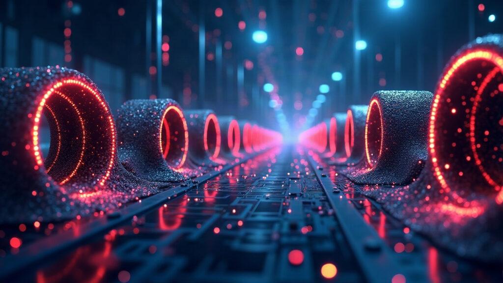 Semi-realistic illustration of AI agents inside glowing off-chain tunnels connected to a calm blockchain hub, visualizing 40.6M TPS.
