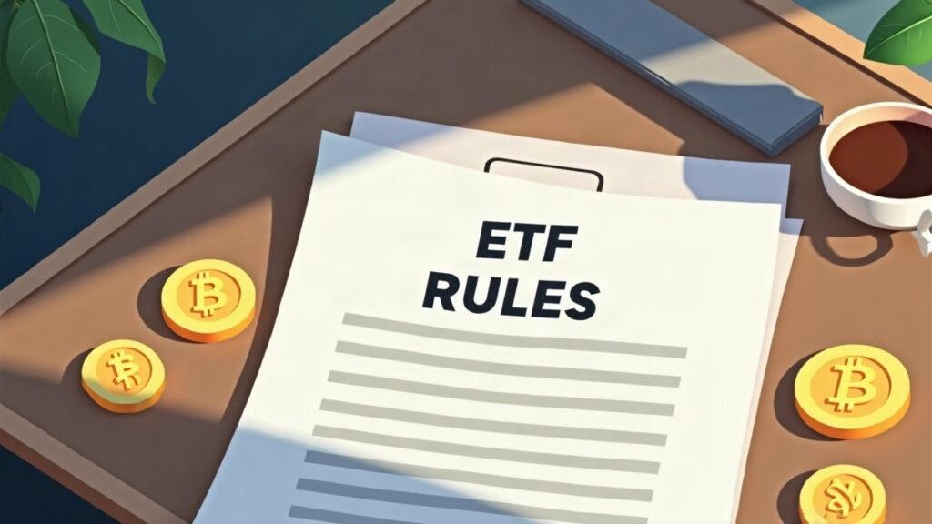 Thai financial desk with ETF rules document and Bitcoin and Ethereum coins, semi-illustrated, professional.