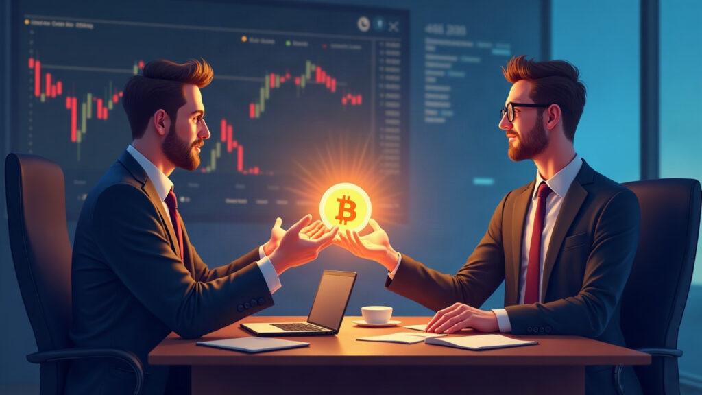 Hybrid broker-dealer desk: traditional trader passes a glowing token of tokenized securities to a digital asset specialist.