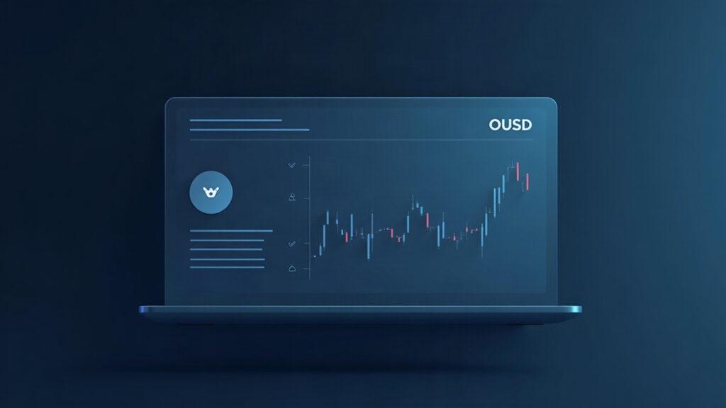 Semi-realistic crypto trading screen with OUSD icon and live order book showing day-one liquidity.