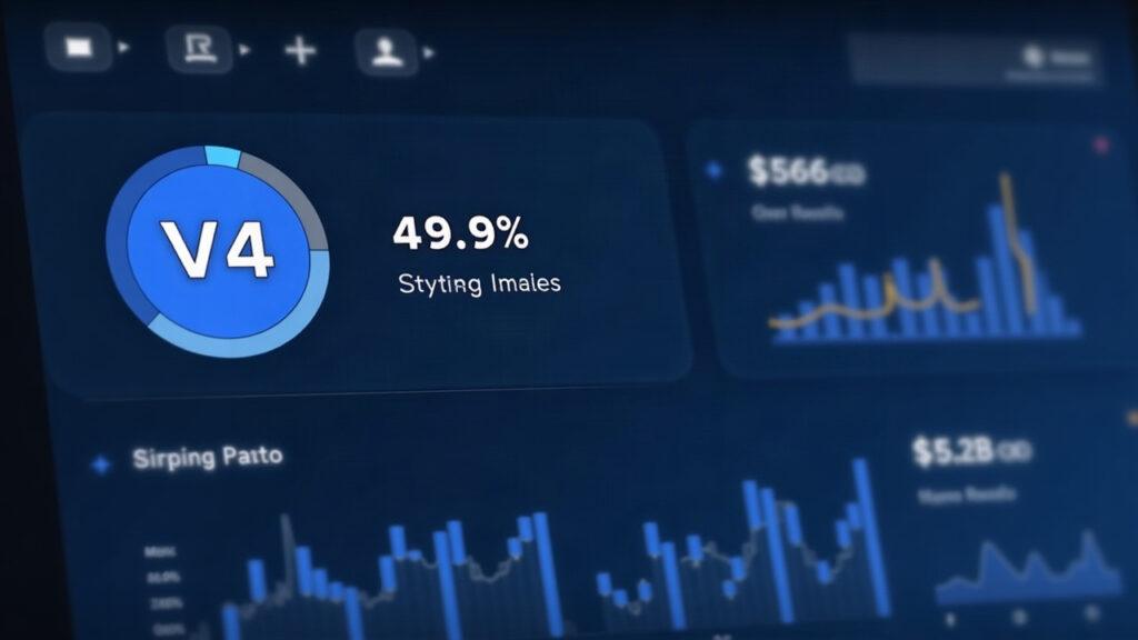 Semi-realistic crypto dashboard highlighting Uniswap v4 with a 49.9% share pie and a $44B label in blue tones