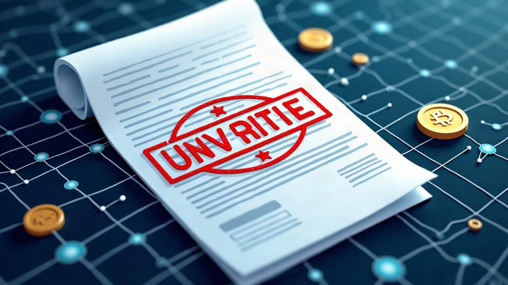 Hybrid illustration: unverified stamp on a document atop a Stellar-like blockchain grid with USDY and OUSG tokens.