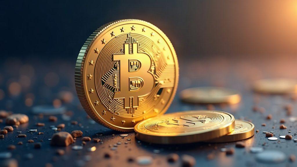 Semi-realistic euro coin with USDC and USDT tokens; USDC shown at 56% of euro-stablecoin trades under MiCA.