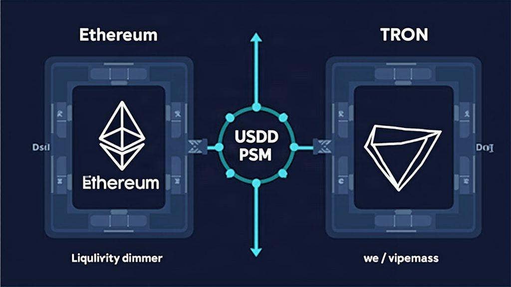 Side-by-side Ethereum and TRON panels centered on a USDD PSM peg module, Ethereum liquidity dimmer, TRON well-funded.