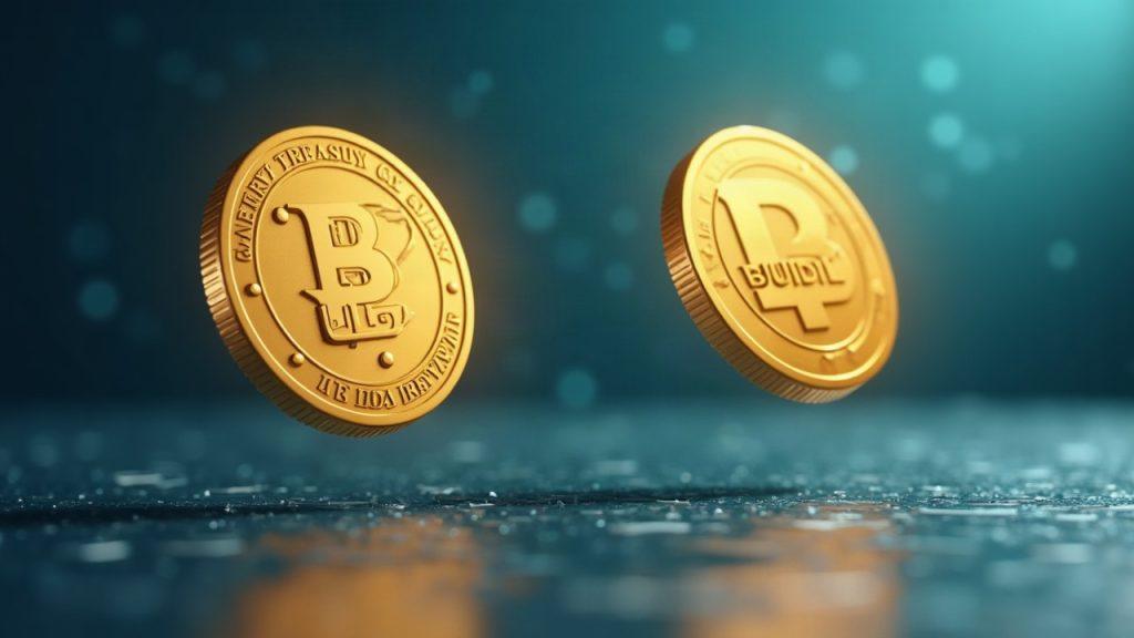Two tokenized US Treasury coins labeled USDY and BUIDL hover over a clean on-chain finance backdrop, USDY leading.