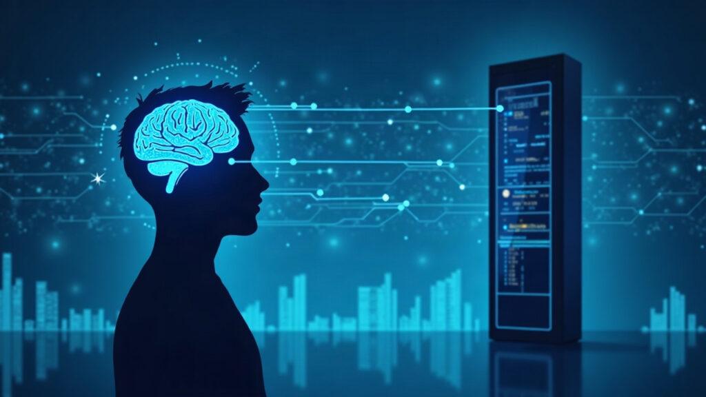 Silhouette of a user connected to a shielded AI brain inside secure hardware, data streams flow into private, user-owned processing in calm tones.