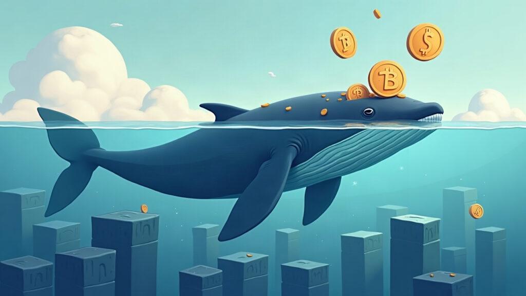 Semi-realistic whale above a calm sea of blockchain blocks with ZRO, WLD, and CHIP tokens floating.