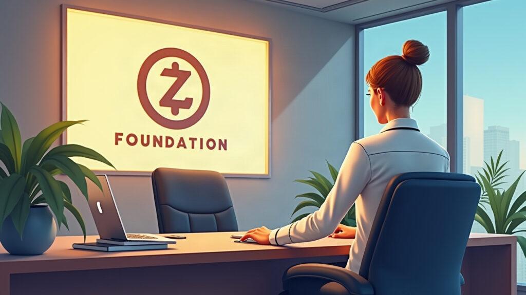 Semi-realistic office scene with a poised professional stepping into Zcash Foundation executive director role, logo shown.